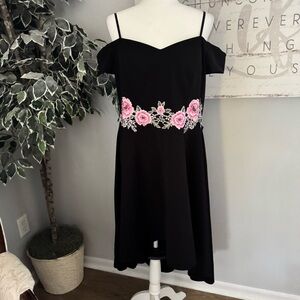 Premier Amour‎ Dress Womens 16 Black Pink Floral Embroidered Off Shoulder Midi